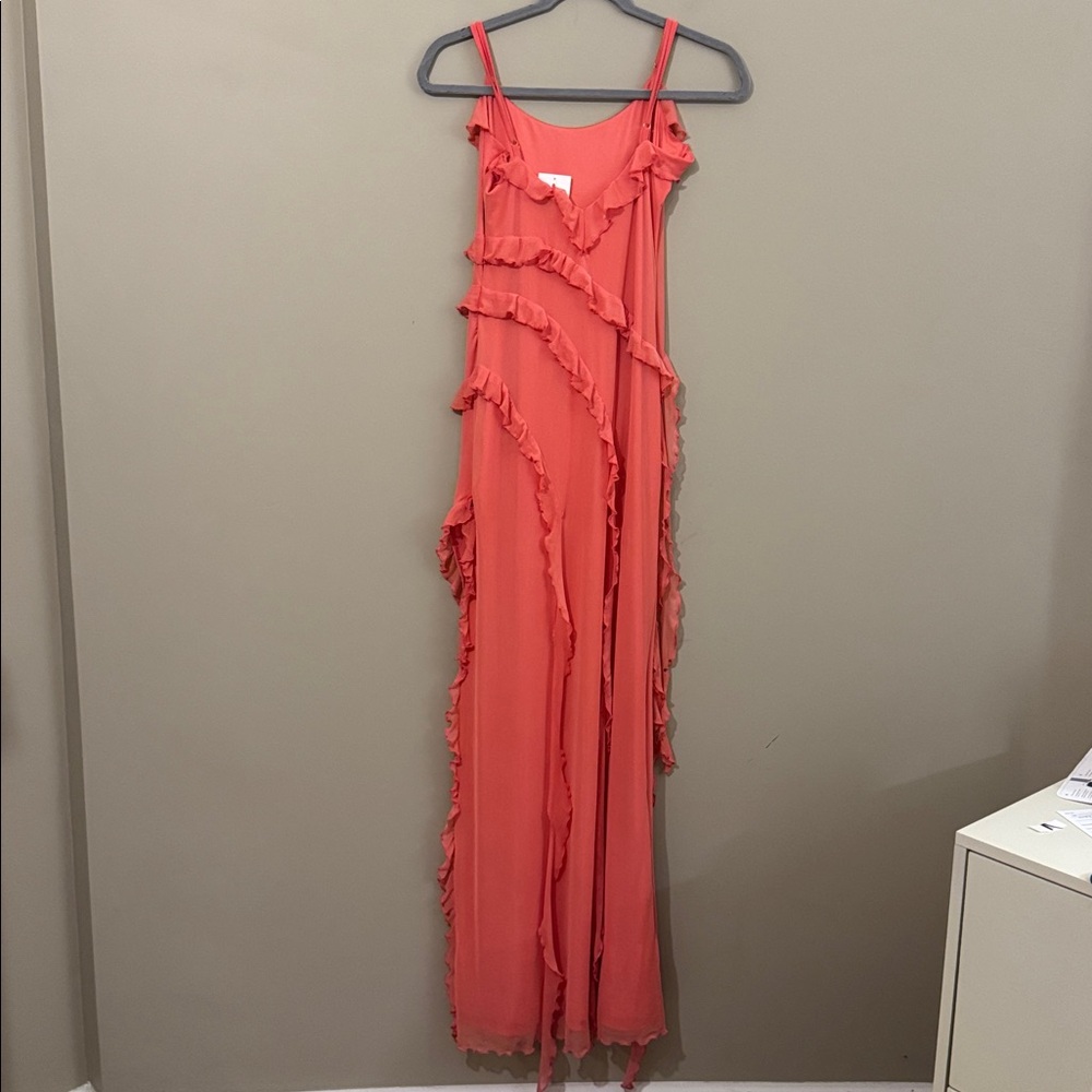 NWT- Princess Polly High Slit Ruffle Dress, Coral, size 8 - Picture 10 of 12